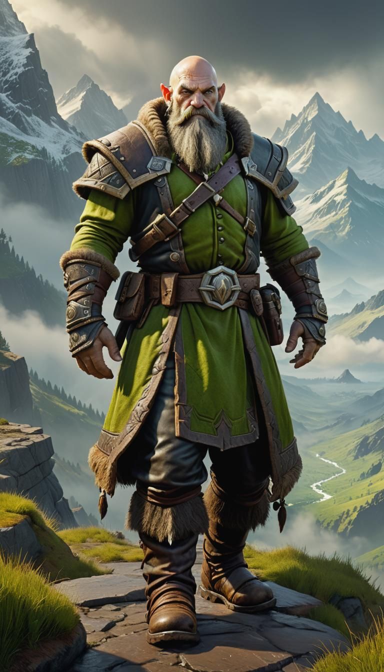 a warcraft dwarf  bald with mutton chops beard, friendly, wearing leather clothes, black leather boots, mountains in background. View of ful...