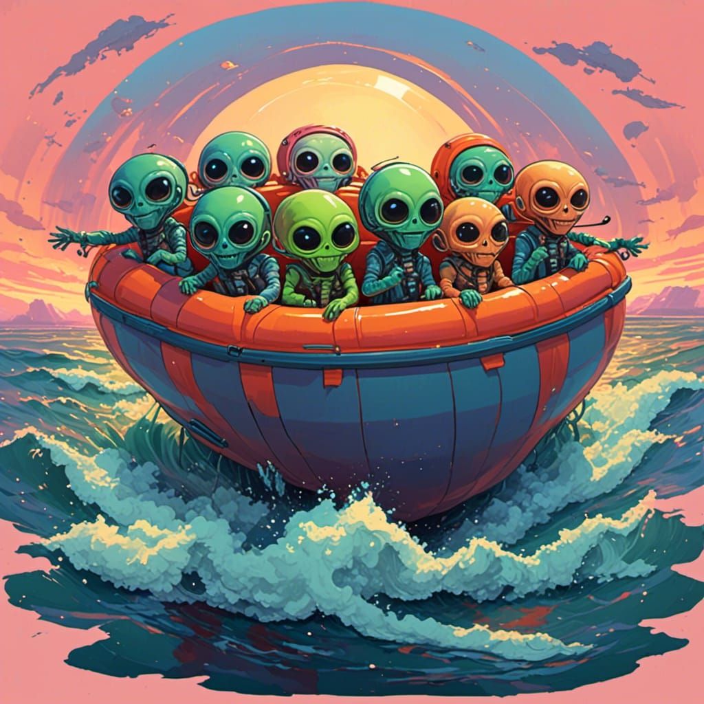 Cute aliens are sitting inside an inflatable life boat. Floating on the ocean at sunset. Hyperealistic. <lora:Stellar Brews:1.0> 