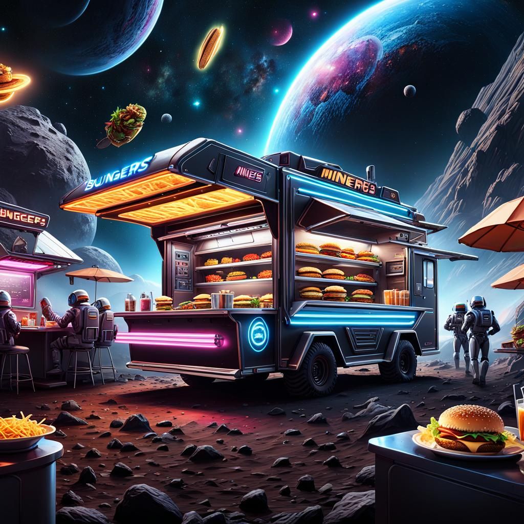 Navigating an asteroid field, the space food truck tirelessly caters to the appetites of space miners.  by @Phantazia