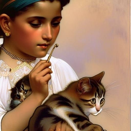 little Latina girl with a kitten by Alphonse Mucha