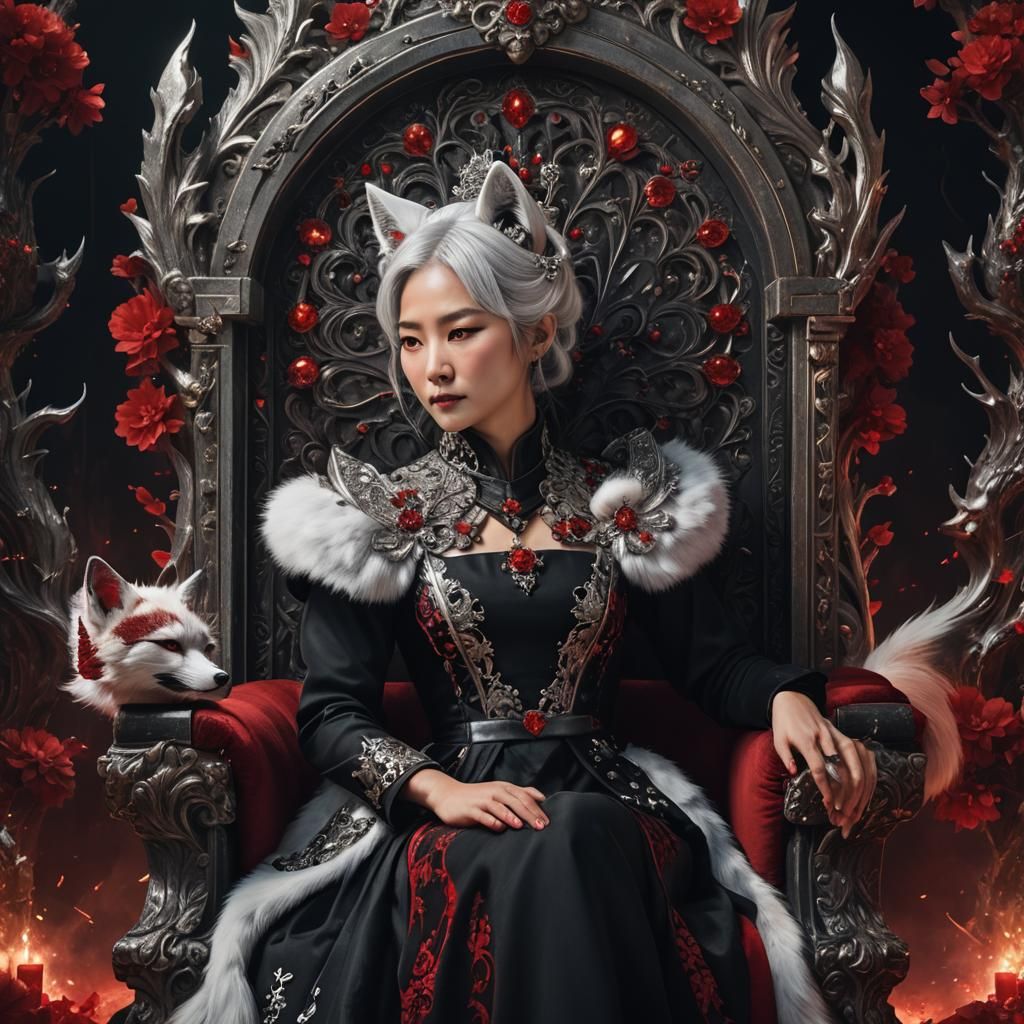 korean lady silver hair black dress red crystals white fox e...