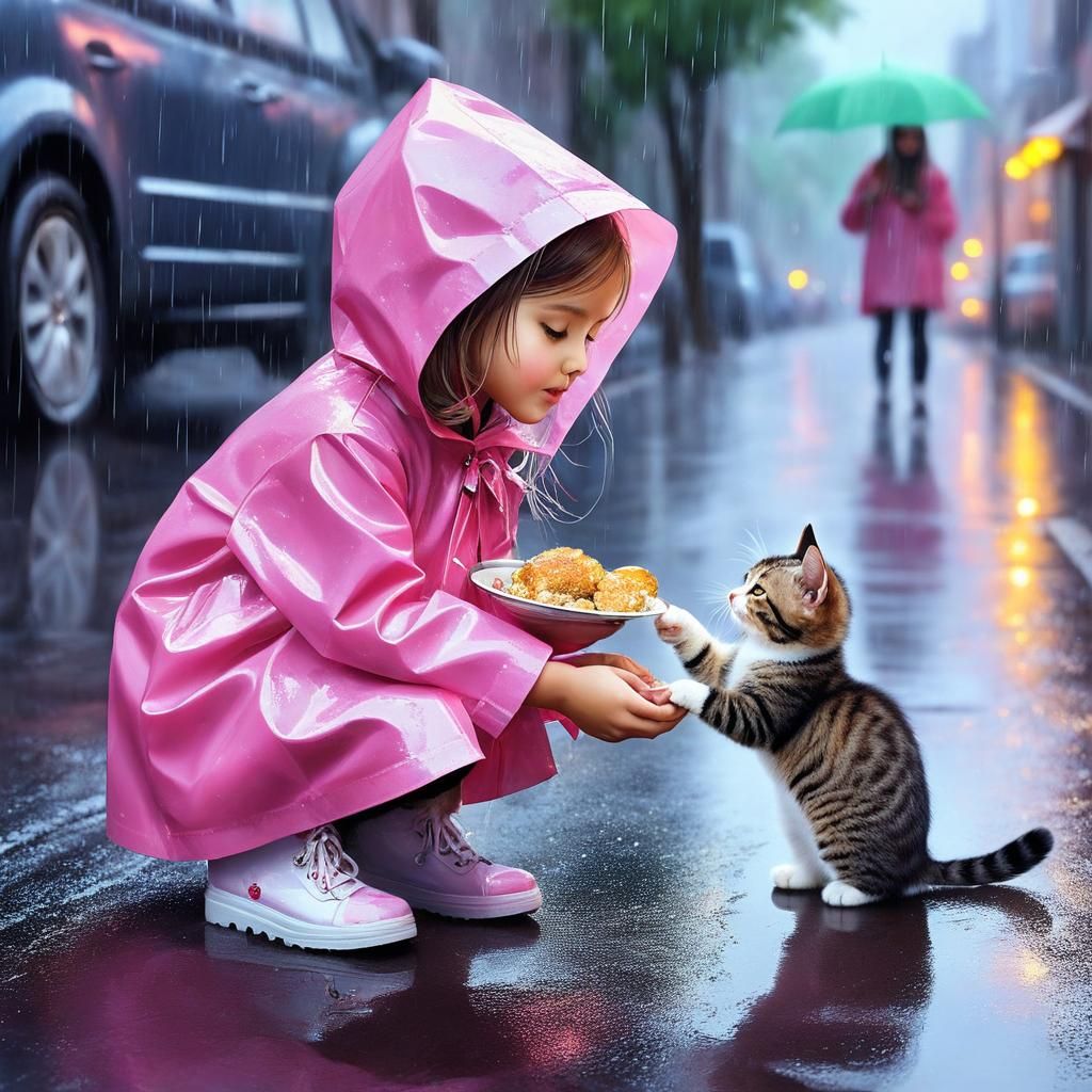 A girl in a pink raincoat feeding a stray cat.  by @Artless