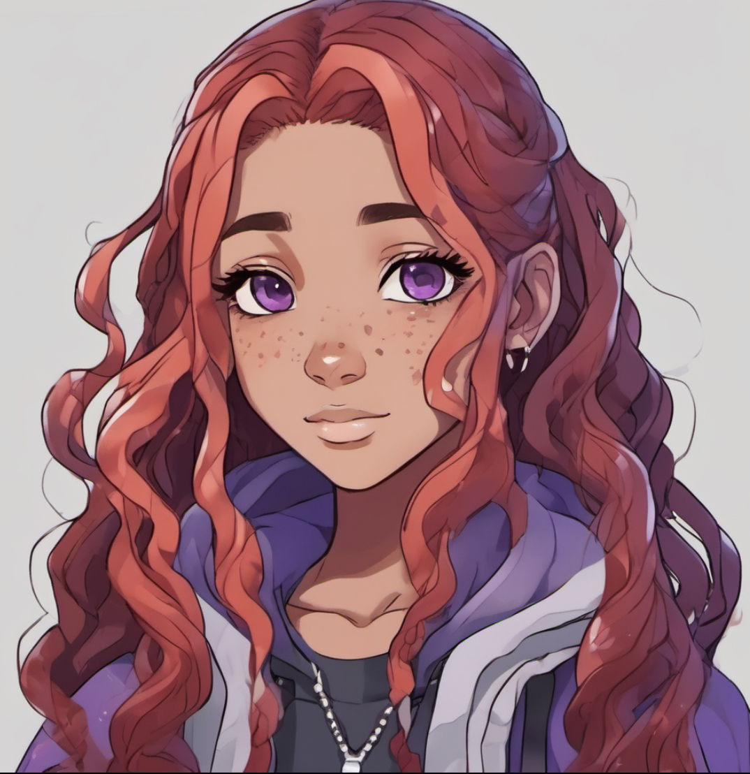 Anime teen girl, red long wavy hair, freckles, purple eye co...