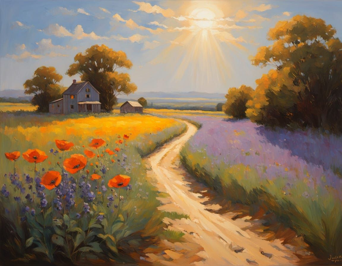 “A tranquil scene of a warm, sunny day in the countryside. The sky is a vivid blue with a few fluffy ...  by @CavDad 