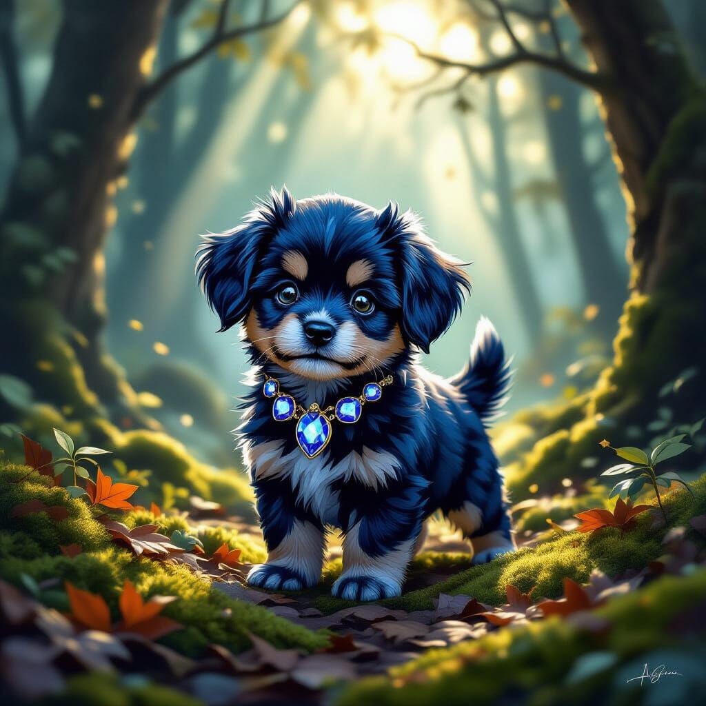 a dark blue sapphire stone puppy in the forest
