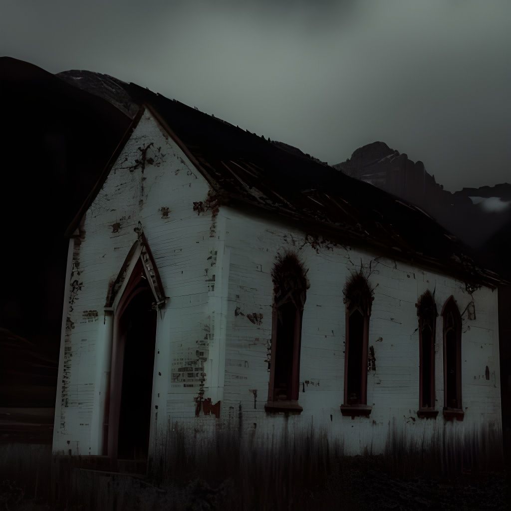 A haunted abandoned chapel in a valley with mountains in the...