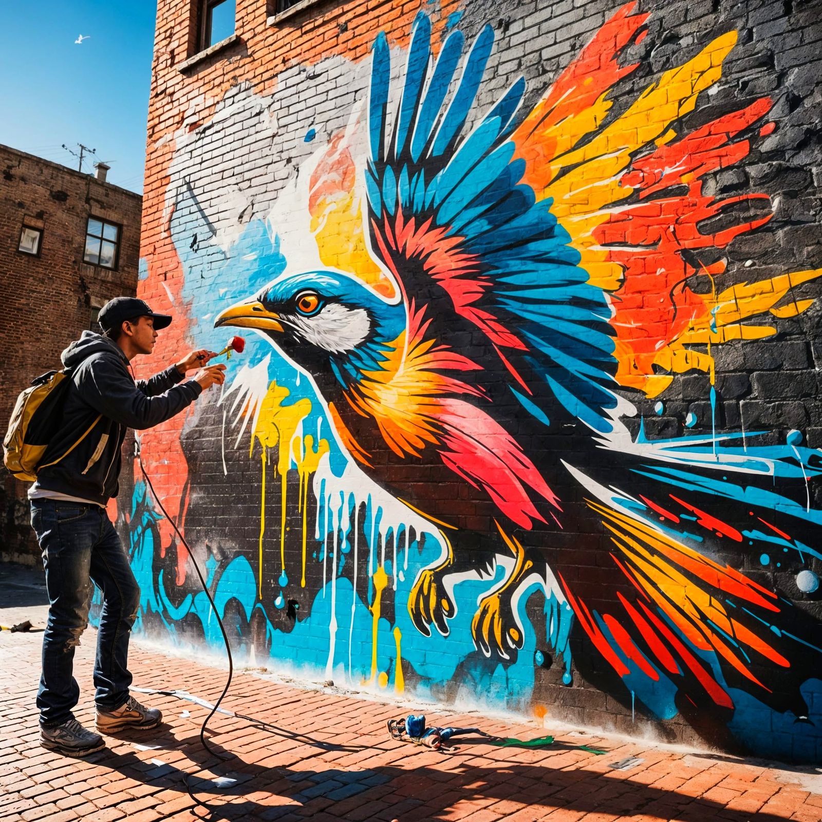 A young artist spray-painting a vibrant mural of a soaring bird on a brick wall.   by @Phantazia