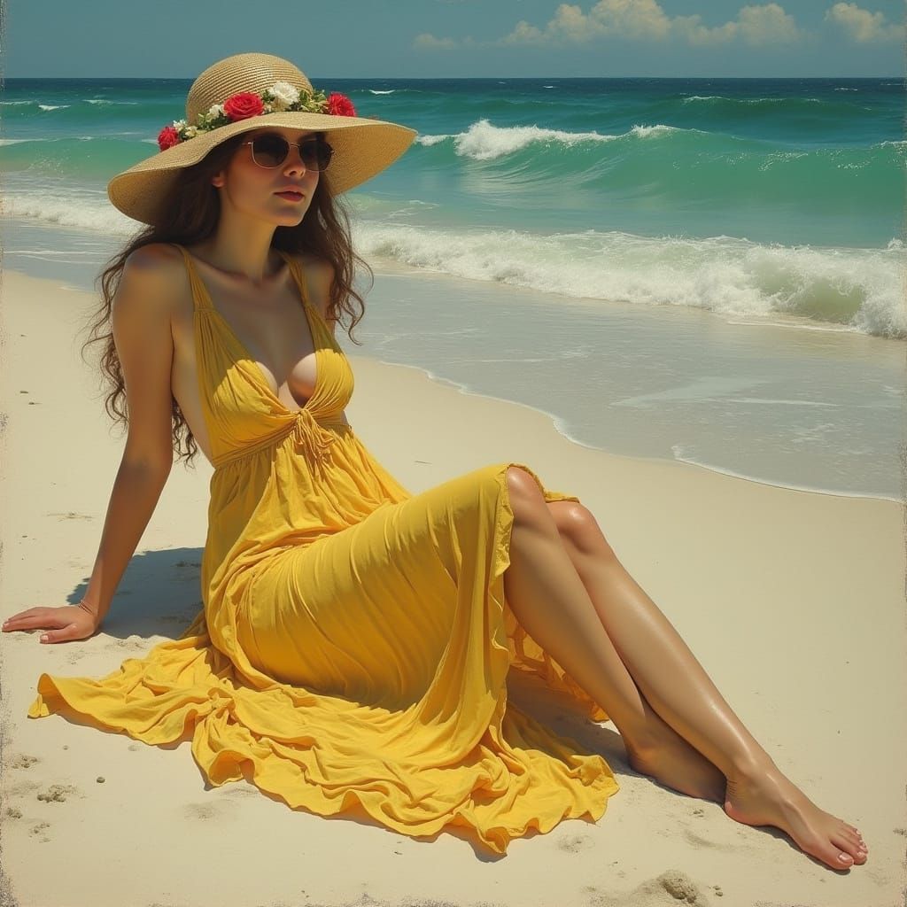 Woman on Beach in Art Nouveau Style