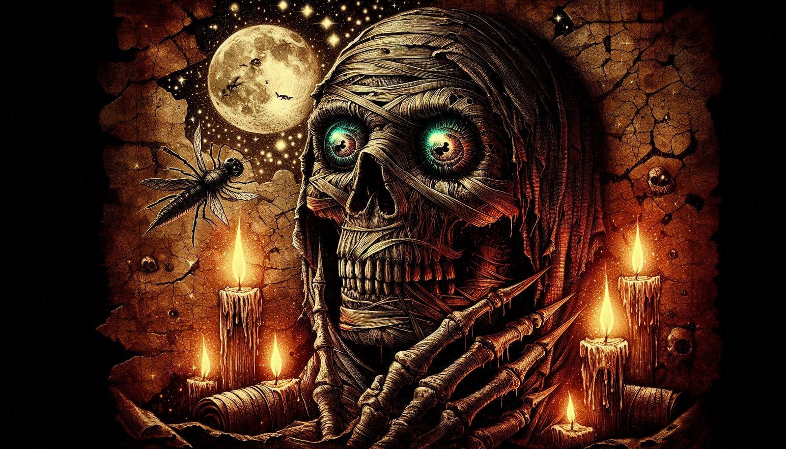 Skeleton mummy with multi layered eyes and mischievous look,...