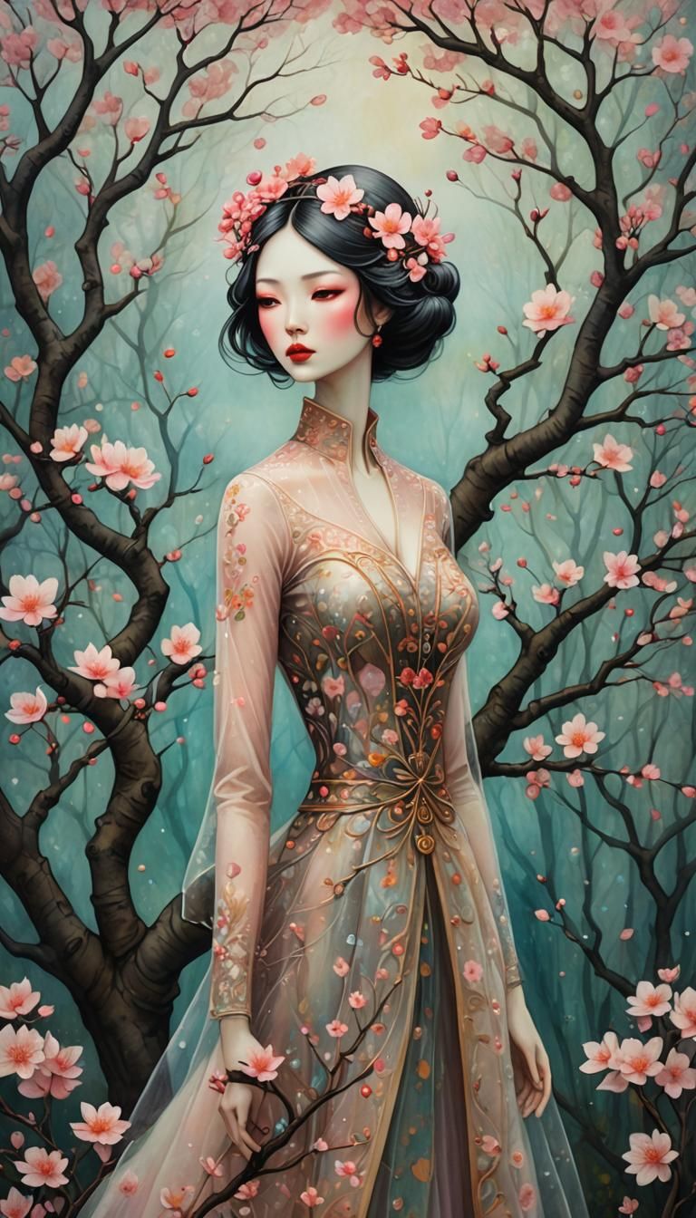 Watercolor image of a transparent woman and a cherry blossom tree in a spring garden in art brut style by Andy Kehoe, Be...