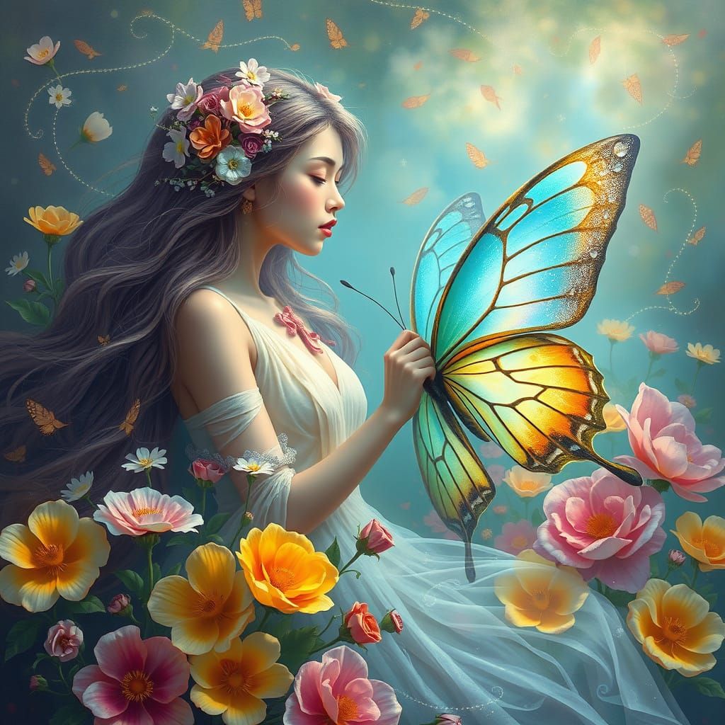 Serene Woman Rides Majestic Butterfly Amidst Vibrant Flowers