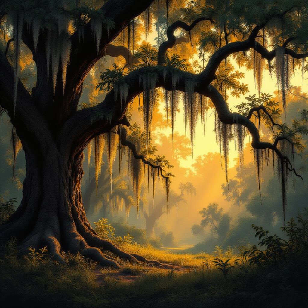 Mystical Forest with Spanish Moss in Golden Light