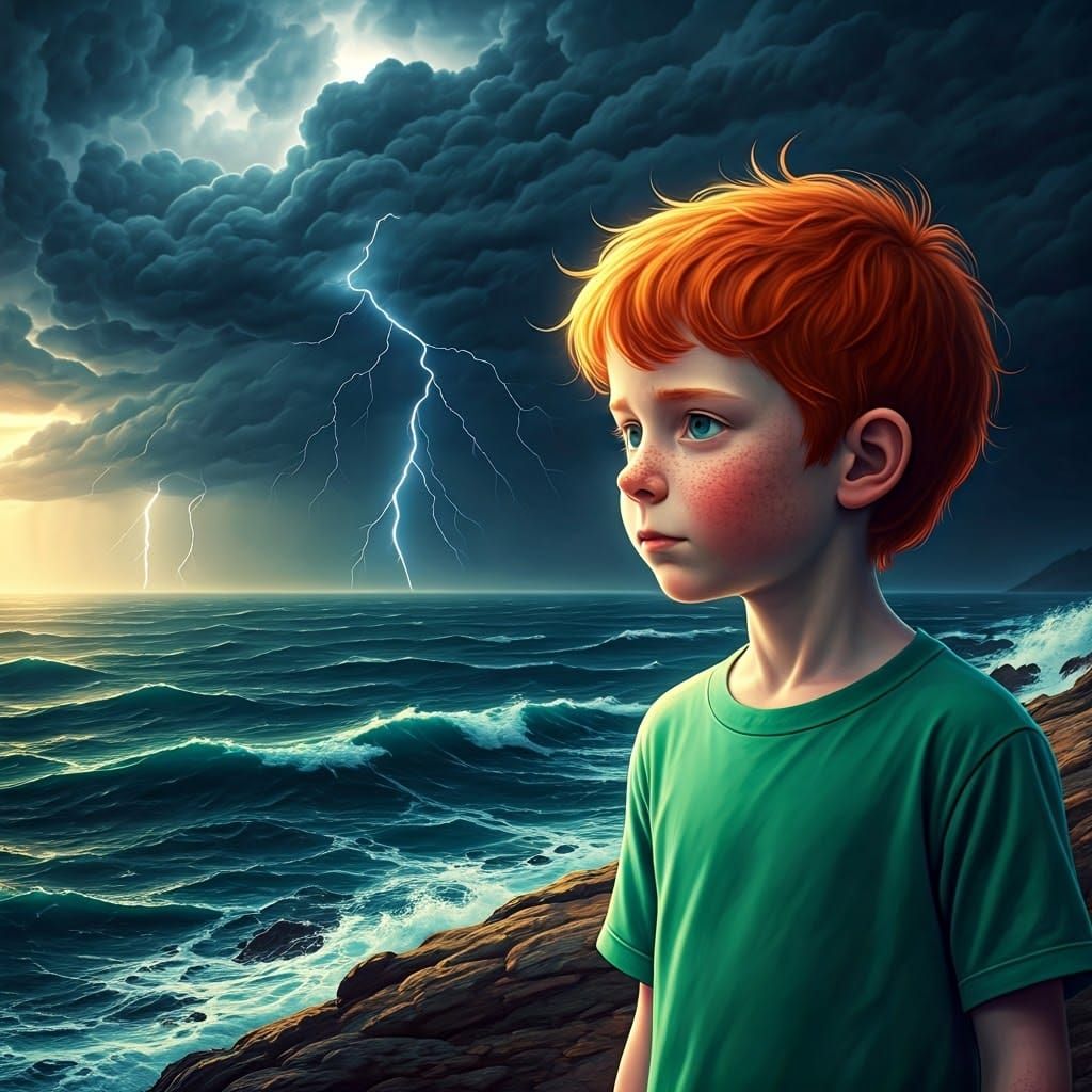 Wistful Young Boy Stares into the Unknown at Turbulent Coast...