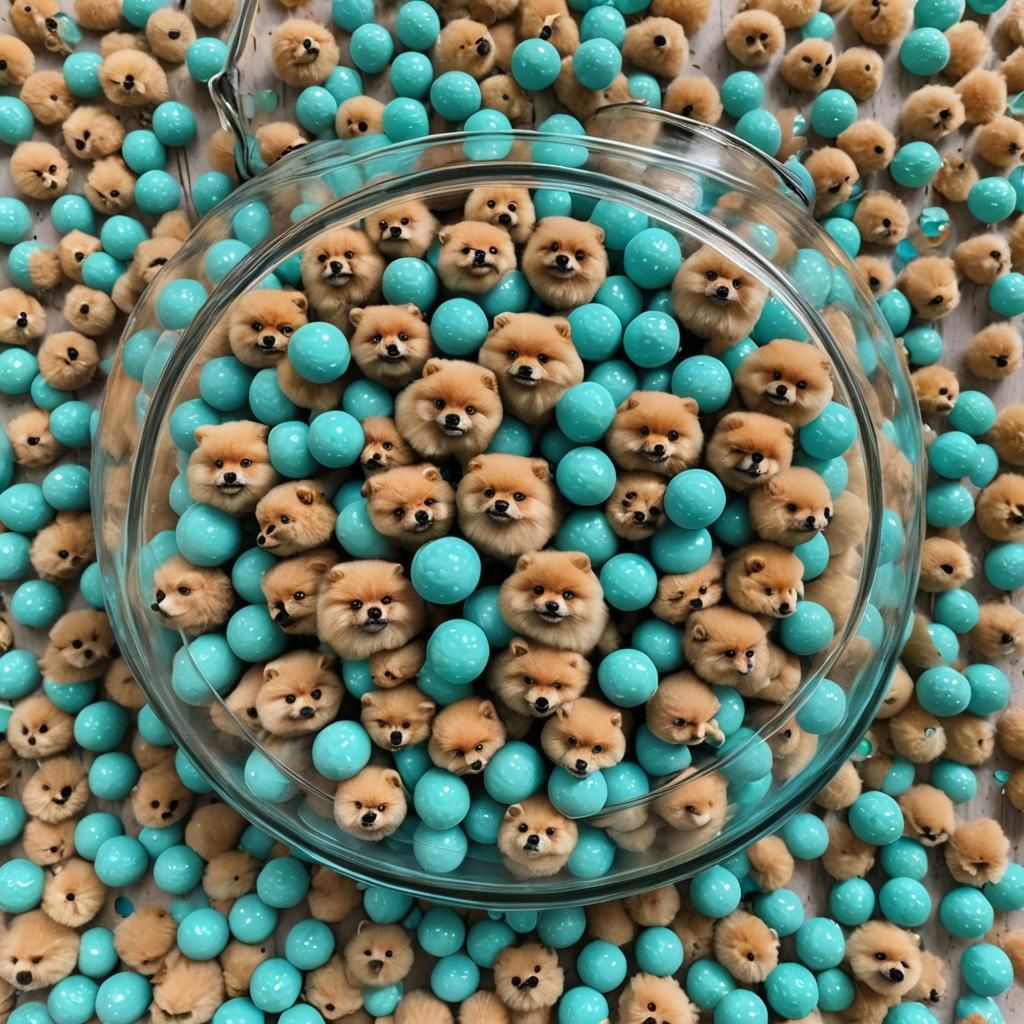 Turquoise Jelly balls that look like pomeranians  inside a h...