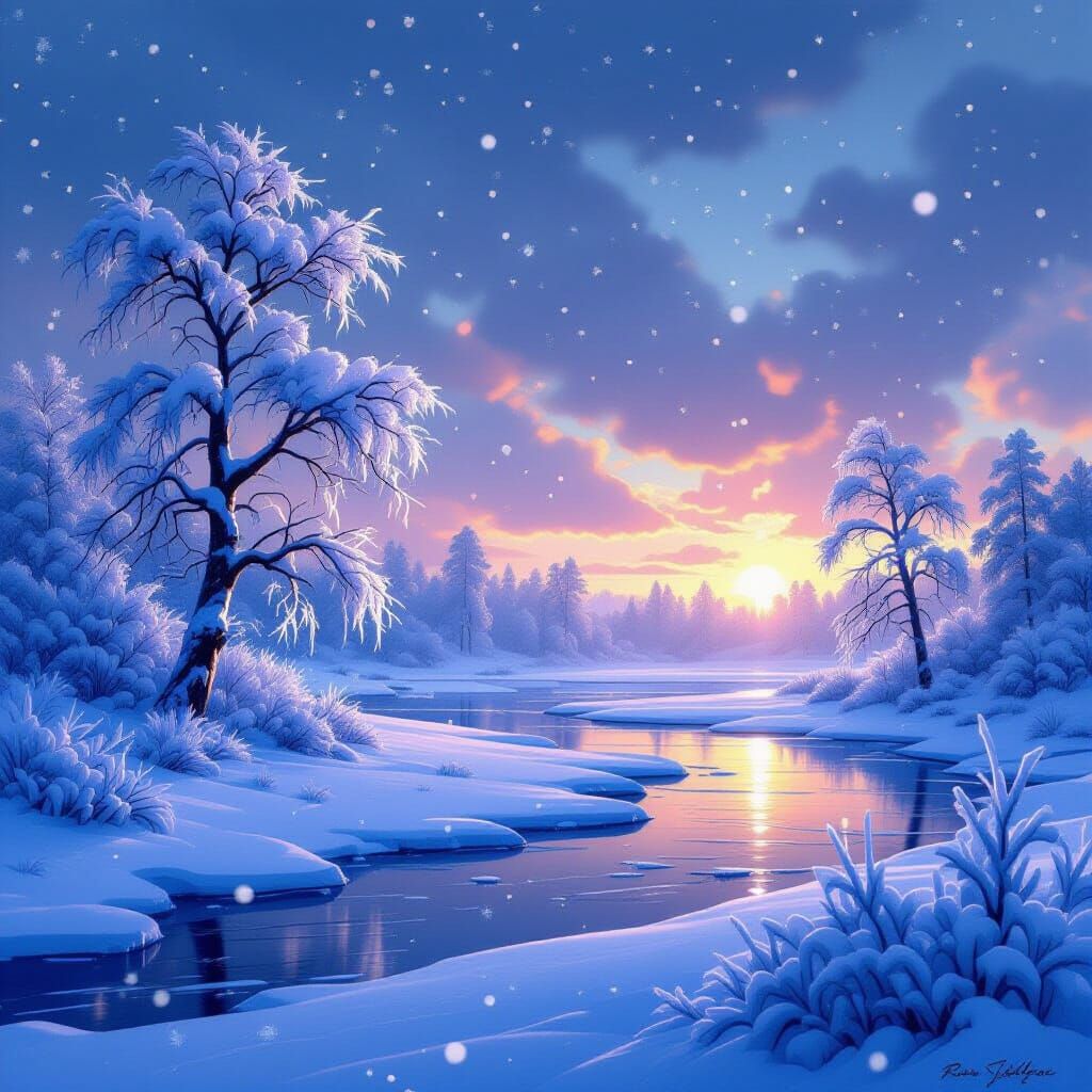 Icy Landscape with Frosty Trees in Digital Art Style