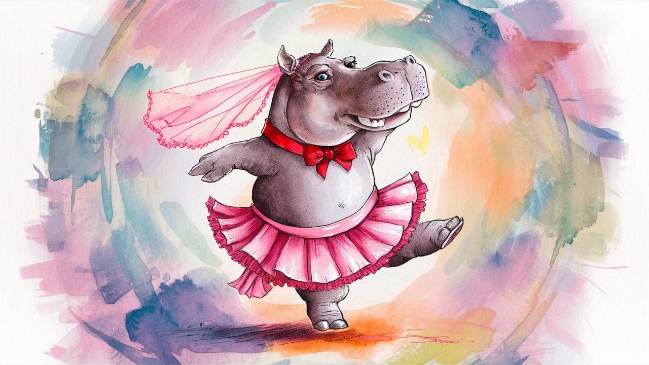 dancing hippopotamus in pink skirt 