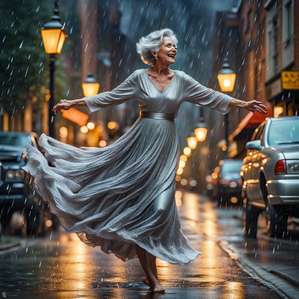 Beautiful older woman with grey hair Dressed in a gorgious long Silver dress dancing in a street by night ...  by @Louisa