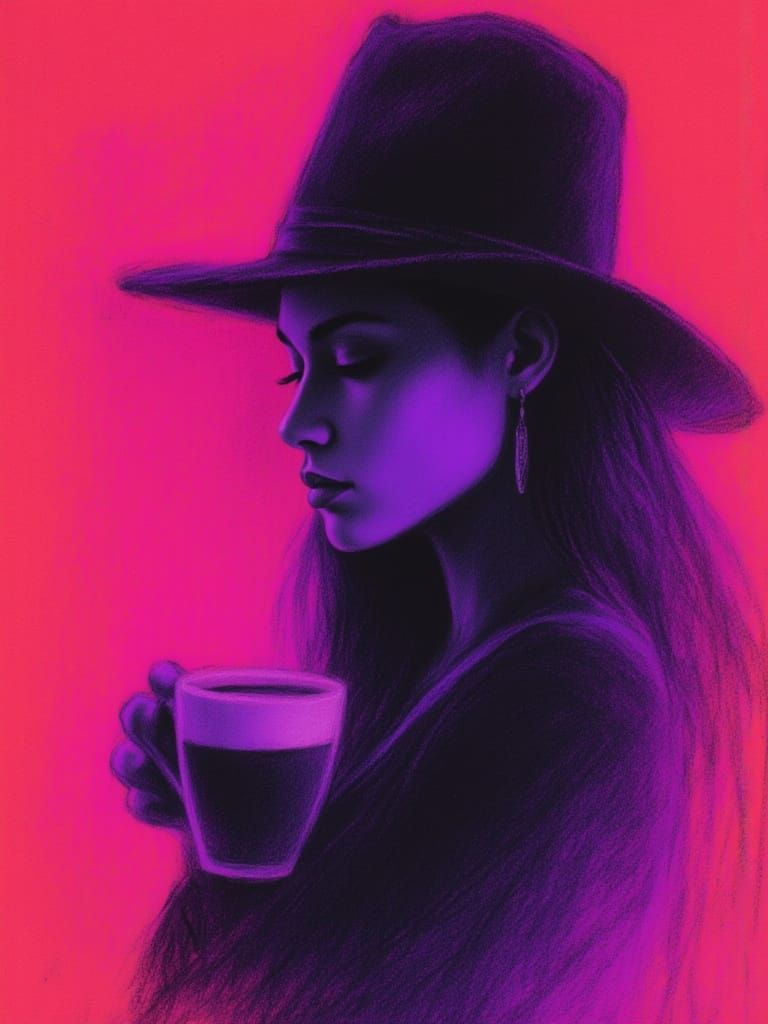 <lora:Neon Charcoal:1.0> neon charcoal, Female Half body length drinking coffee,  neon red and purple
