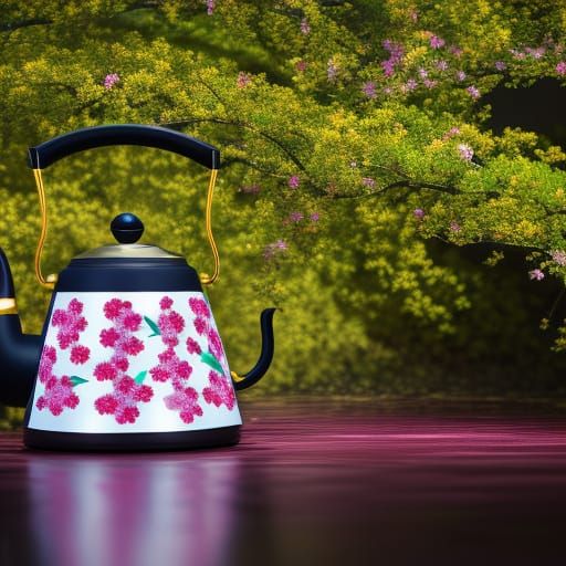 Sakura tea kettle 🫖, distinct lighting, detailed matte pain...