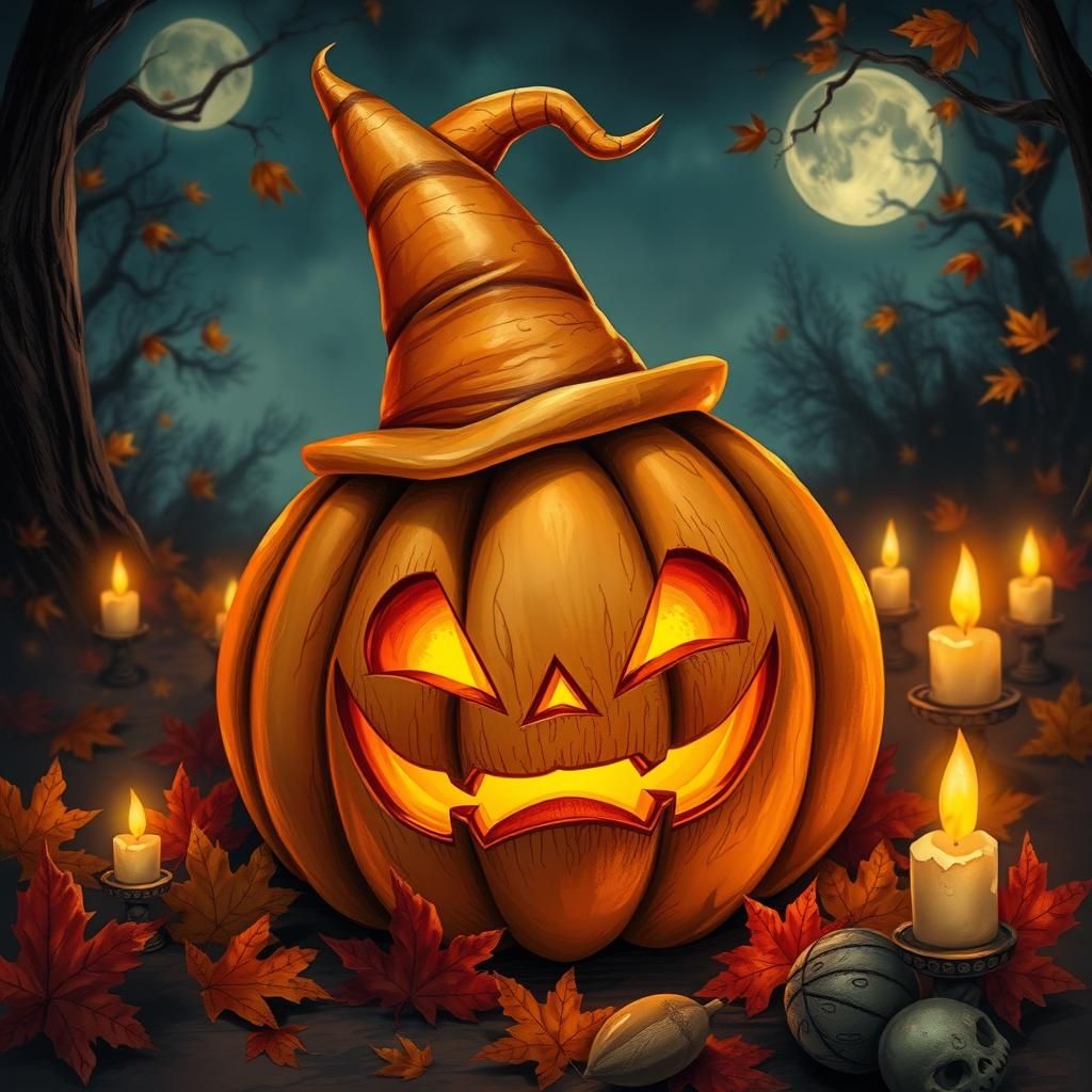 Jack-o-lantern with a hat, celebrating at night