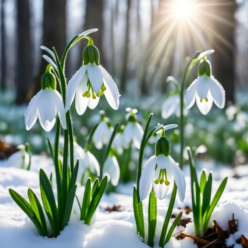 Snowdrop bell flowers among snow patches in an early spring morning with sunshine and mist  by @Eto Demerzel