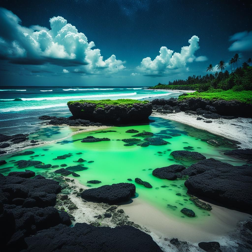 Tropical bay inlet onto rock outcroppings, tide pools, and w...