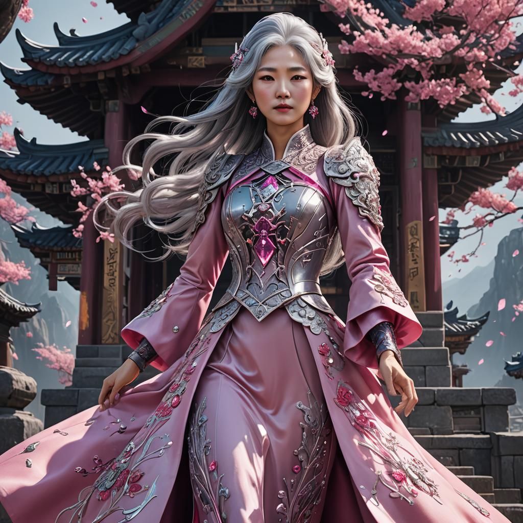 korean lady silver hair pink crystal dress