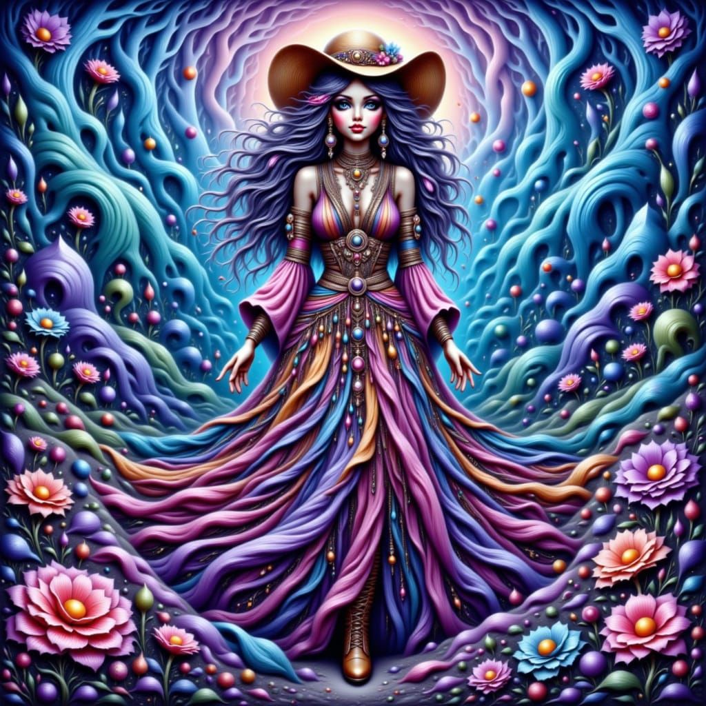 Dreamy Bohemian Woman in Vibrant Swirling Backdrop