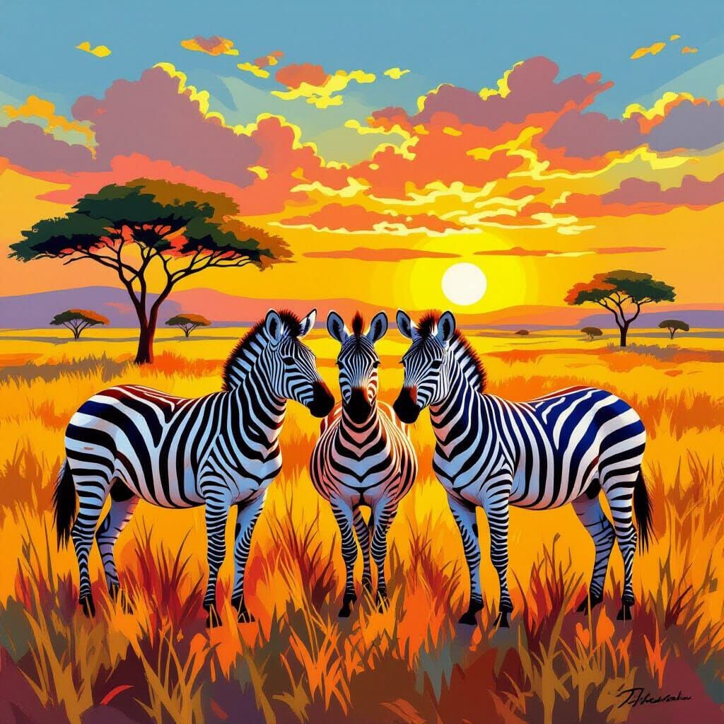 Red and Blue Striped Zebras in Vibrant Savanna