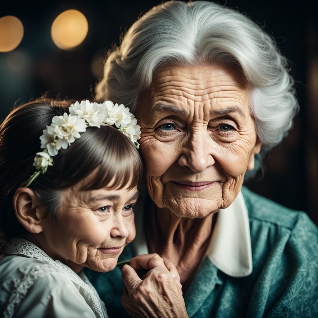A (very old woman:2) sitting with a smile on her face. (a very young little girl:2) with a pouting facial ...  by @Ivan Toncev