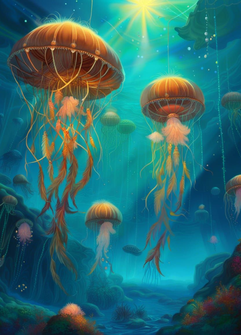 An underwater scene where dreamcatchers are used as jellyfish, swimming ...