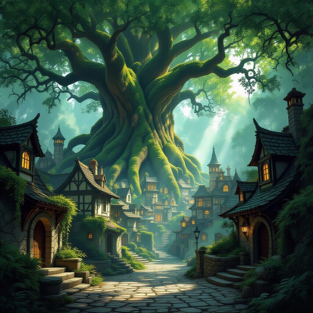 Hidden Forest City in Dark Fantasy Style