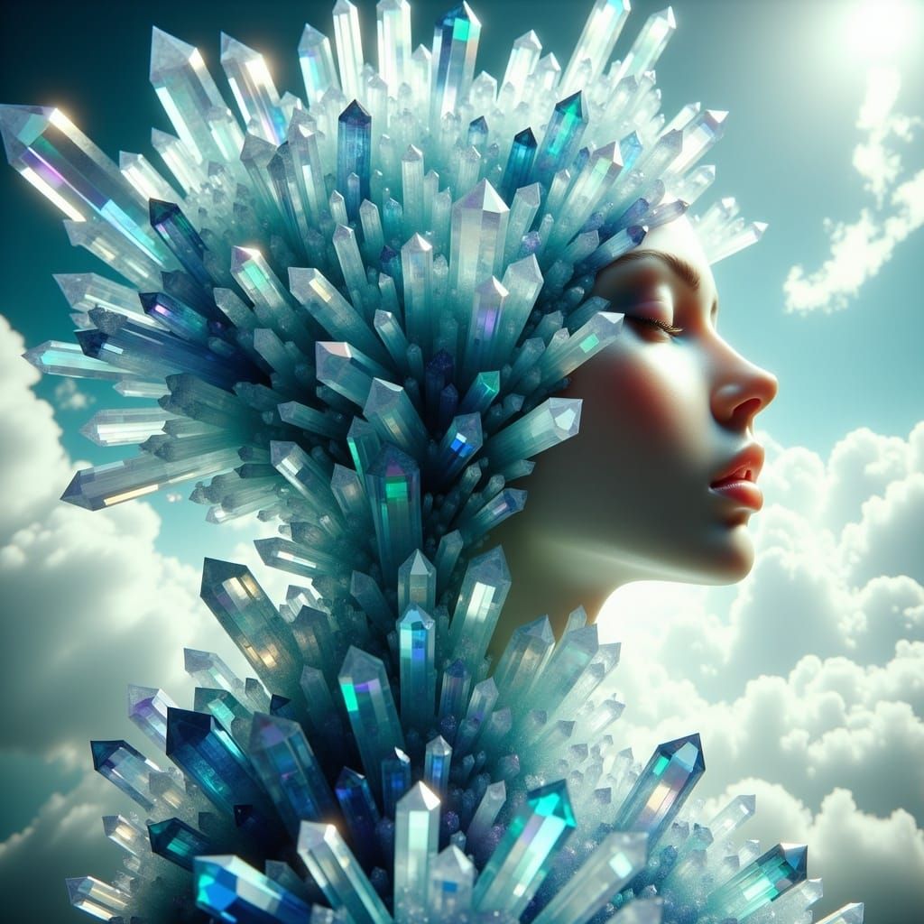 <lora:Crystallize:1.0>; a beautiful  portrait of a transparent womans face with one half sprouting crystals; cloudy background; a stunning p...