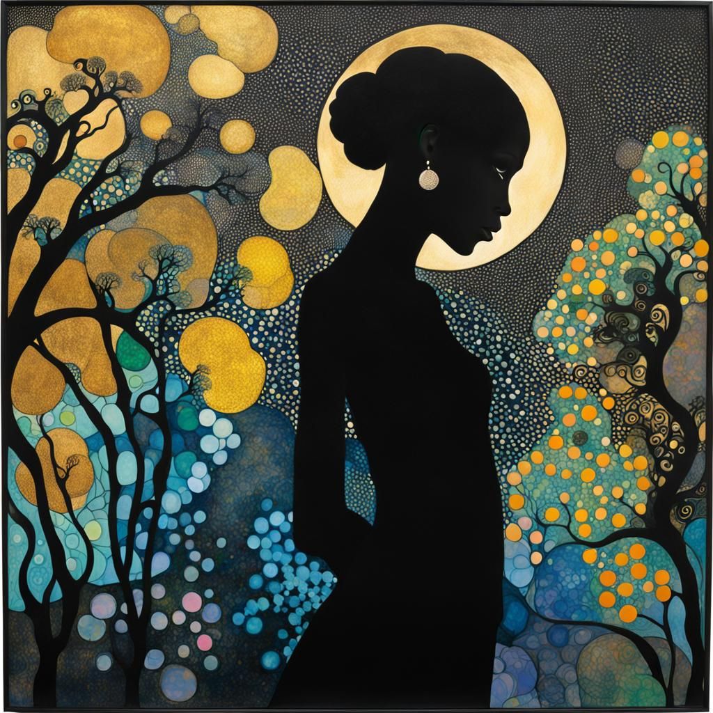 Whimsical silhouette, by Chris Ofili, Gustav Klimt