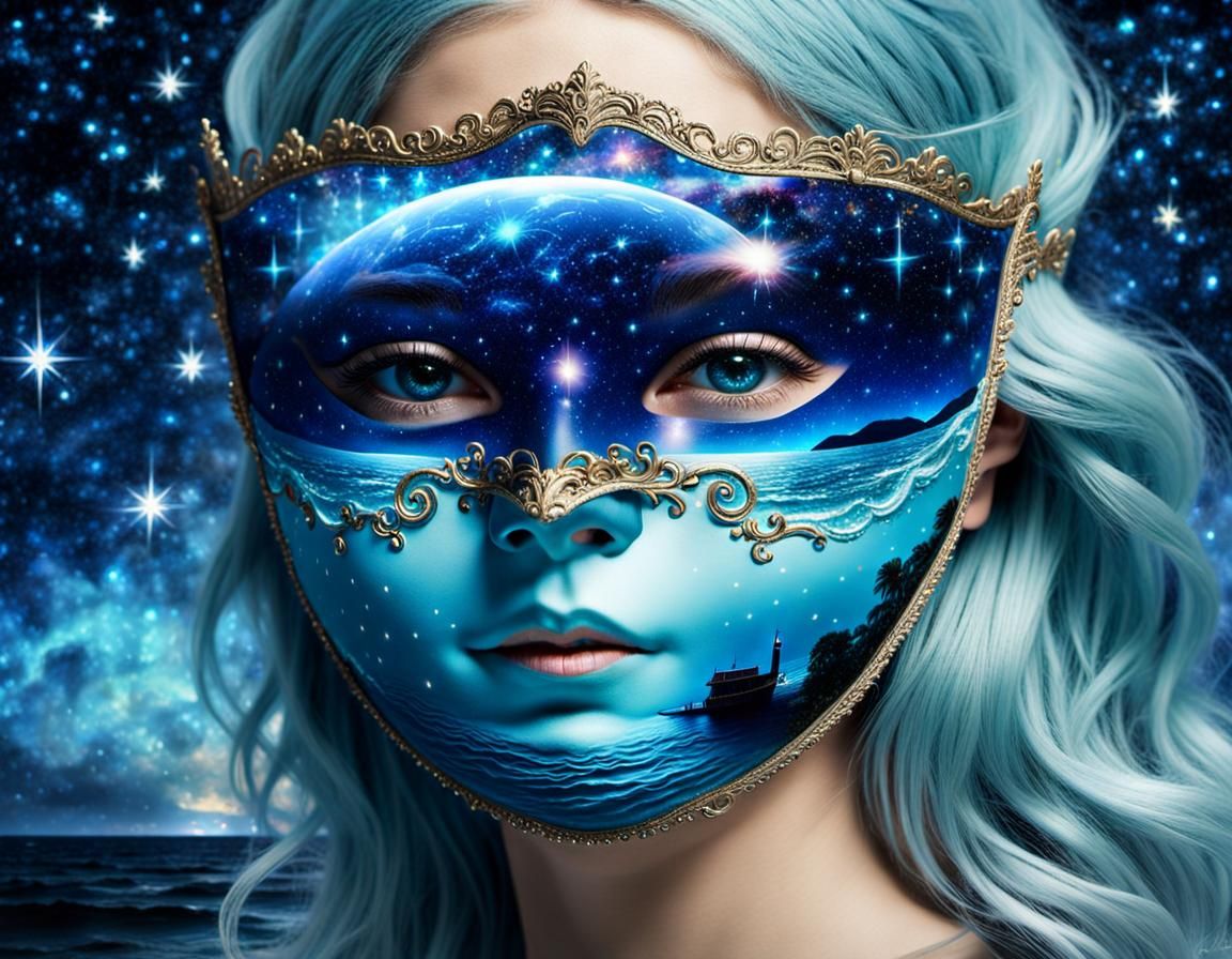 Masked Face in Dreamlike Harbor
