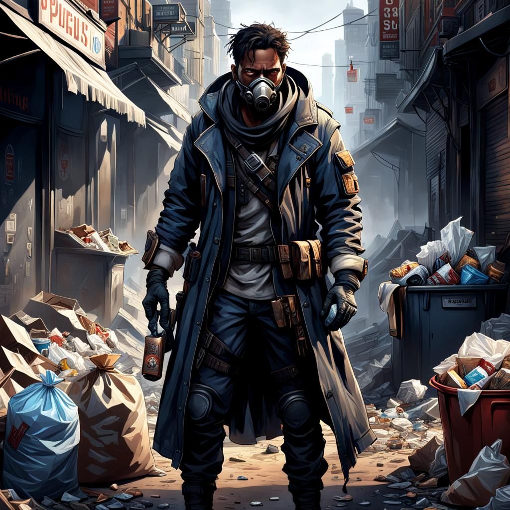 This is a full-body portrait of an apocalypse survivor in rags with an artificial hand. The man is rummaging through the trash for food, and...