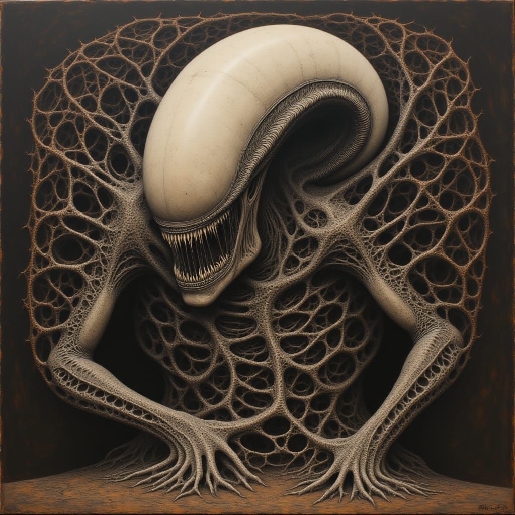 <lora:LV-426:1.0> HR Giger, biomechanical, xenomorph, ossified lattice, oxidized copper, chiaroscuro, spectral, alabaster skin, curled, cath...