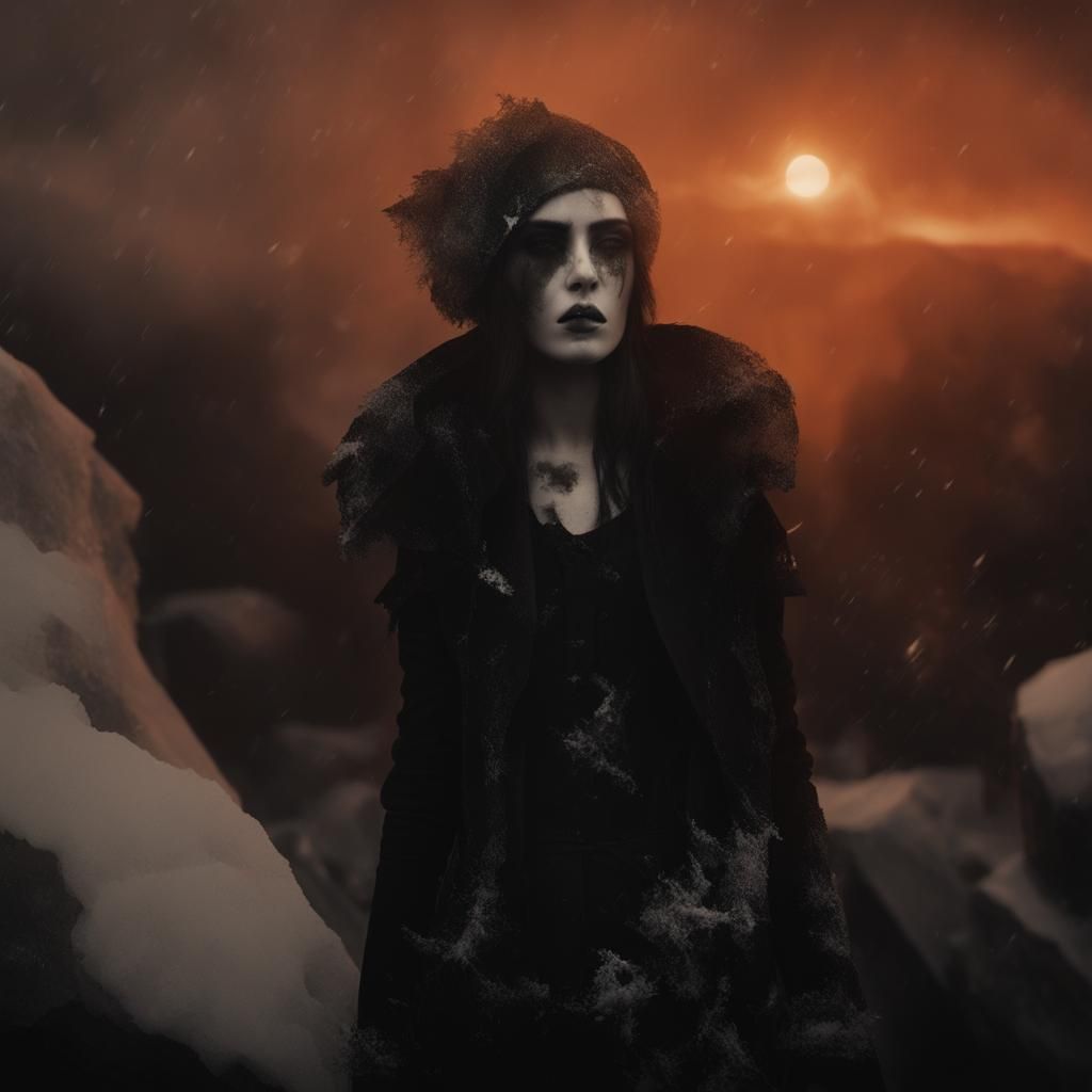 female goth fashion model. snow. ice. icebergs. fog. smoke. ...