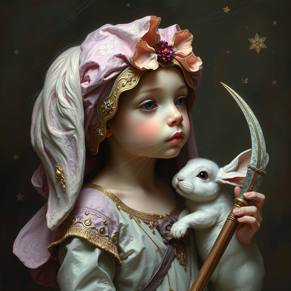 digital, AI, rabbit warrior, Anne Geddes and Burtonesque styles, oils, sapphire peeling paint, nicoletta ...  by @donna