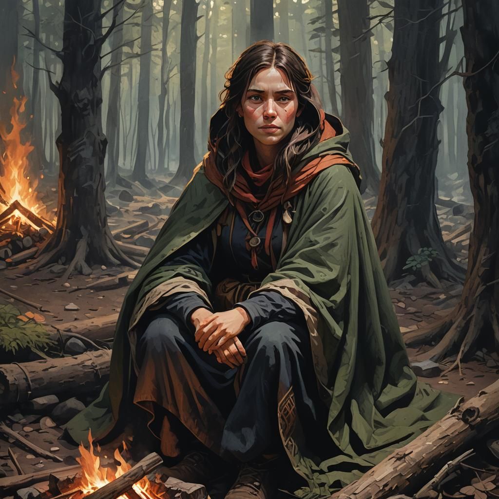 A weary traveler rests by a campfire in a dense forest