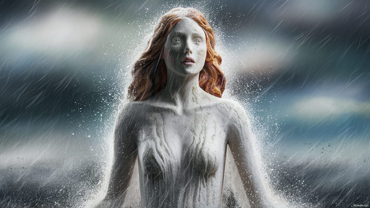 Lot's wife turned into a white statue made of salt, which is slowly dissolving in a violent rainstorm ...  by @Len H