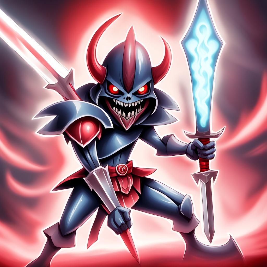 surrounded by dark mist and holding fiendish giant sharp chopsticks