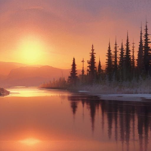 watercolor painting of a sunset in northern minnesota AI Generated