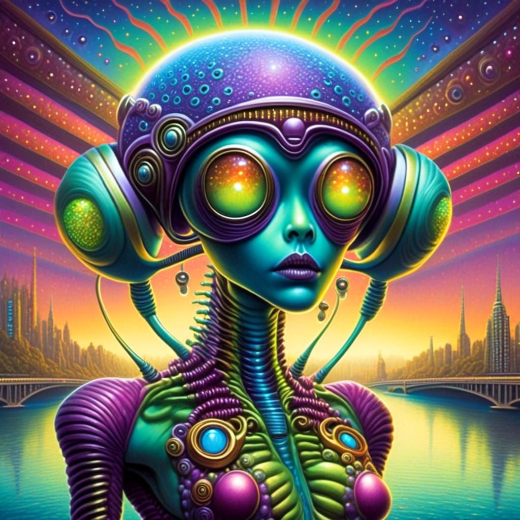 zombie alien with visible musculature, grooves, geometric headpiece, holding futuristic cell phone, standing on bridge overlooking river | s...