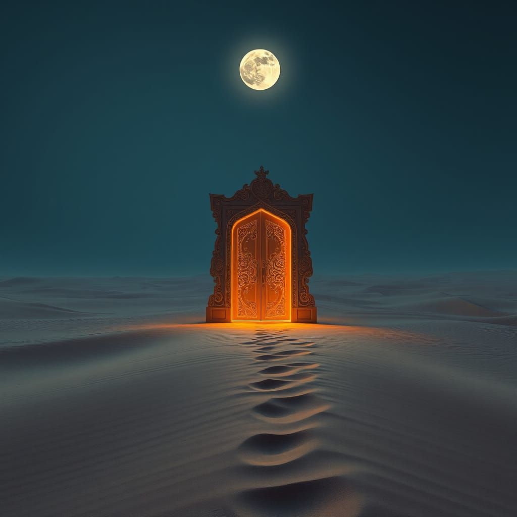 glowing door standing alone in the middle of a forest or desert. 8k  by @Anywho