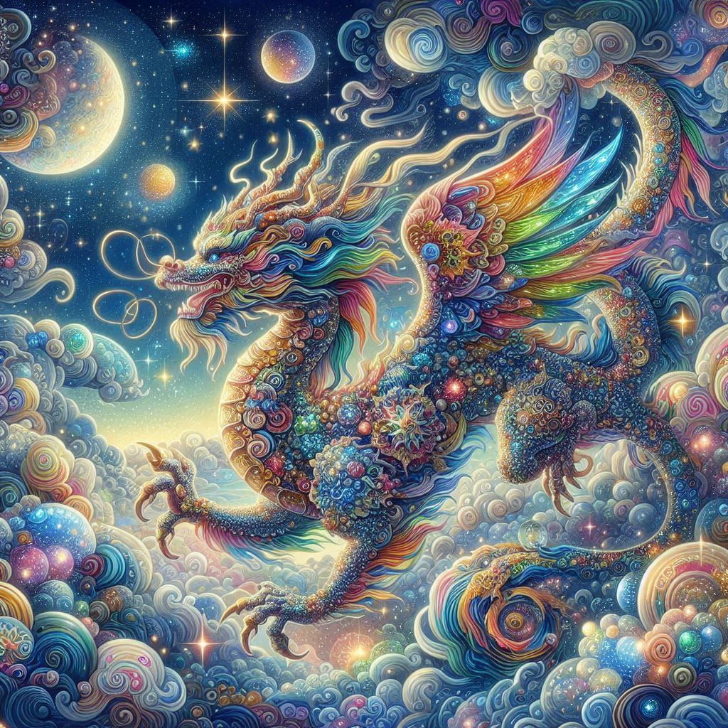 A majestic celestial opalescent gemstone dragon