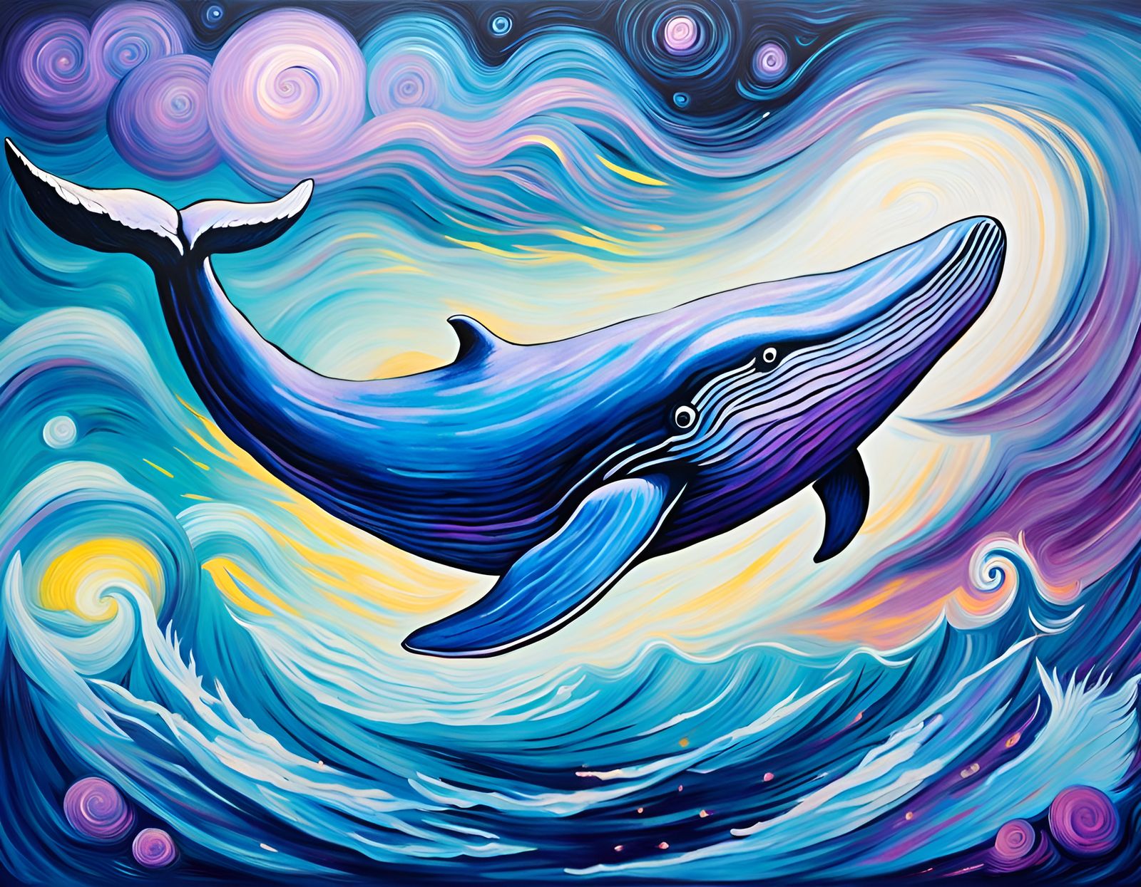 a blue whale, purple nebula, noctilucent, acrylic painting, van gogh ...