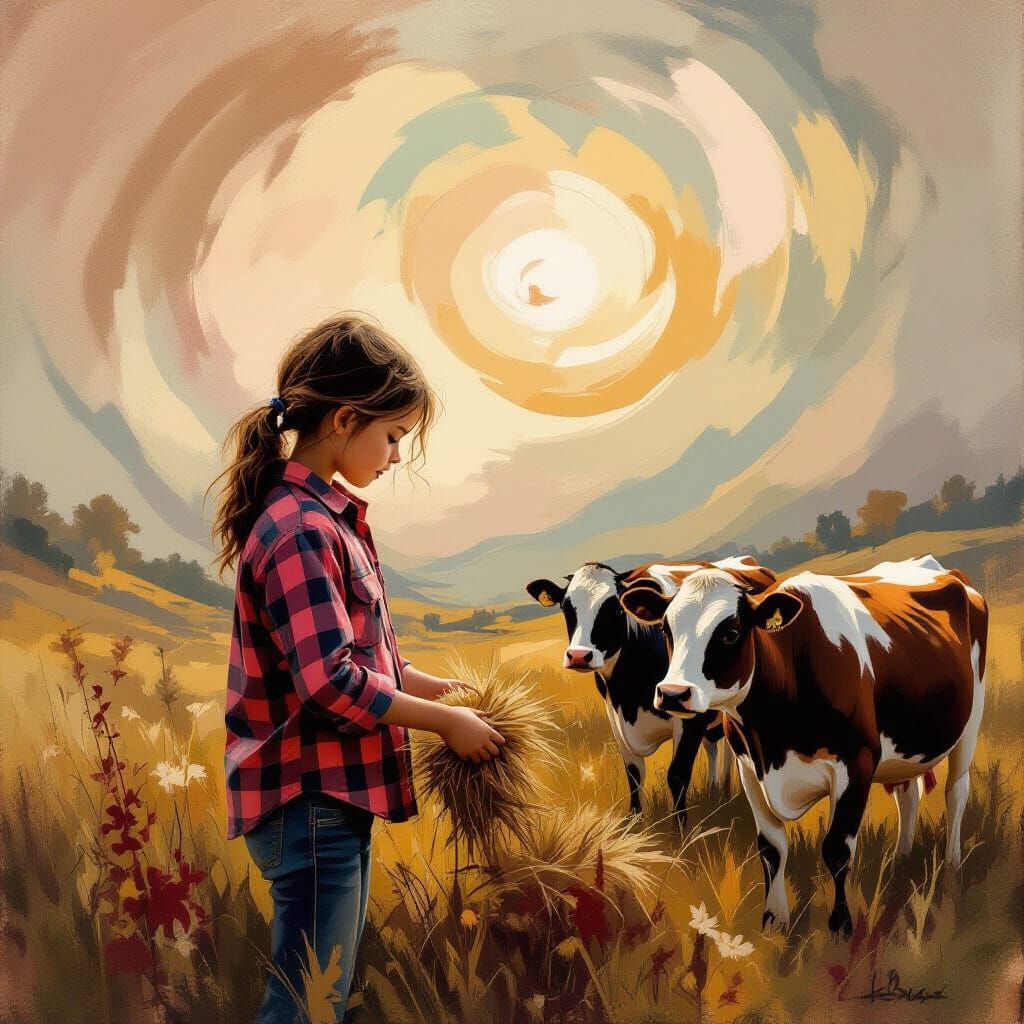 Girl and Cows in Abstract Landscape Painting
