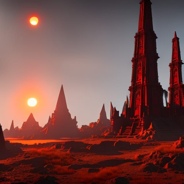 Red sun over ancient alien ruins  by @CatFly