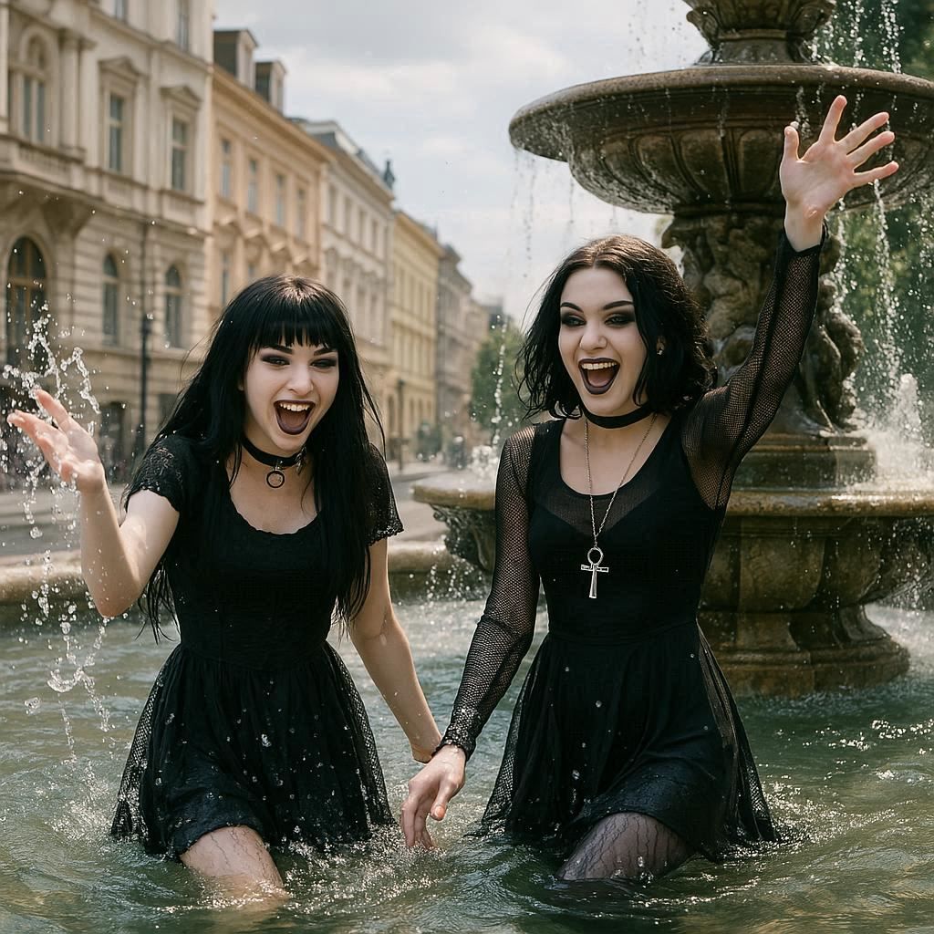 Goth girls splashing in fountain